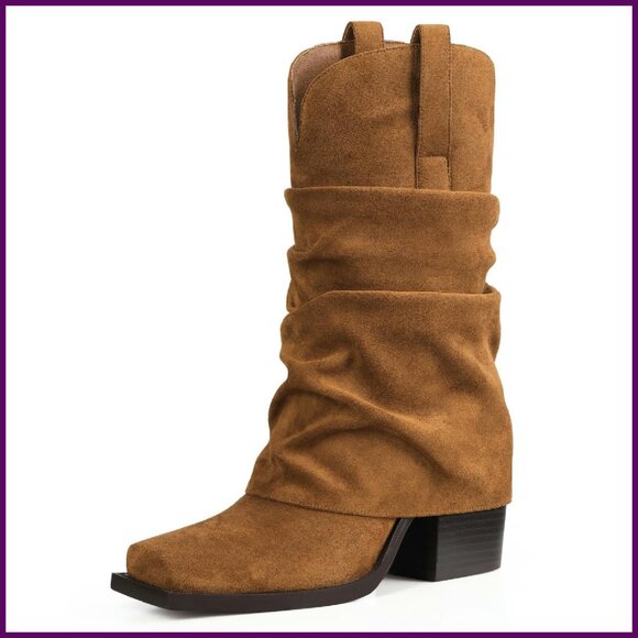 Shoes - Women's Suede Cowboy Boots Mid Calf Square Toe Chunky Heel Fold Over